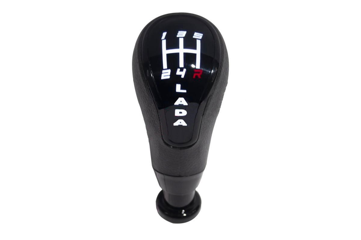 Ручка КПП в стиле Веста с LED-подсветкой "LADA" (чёрный глянец, белая, тросовая КПП) для Лада Гранта, Калина 2, Приора 2, Веста
