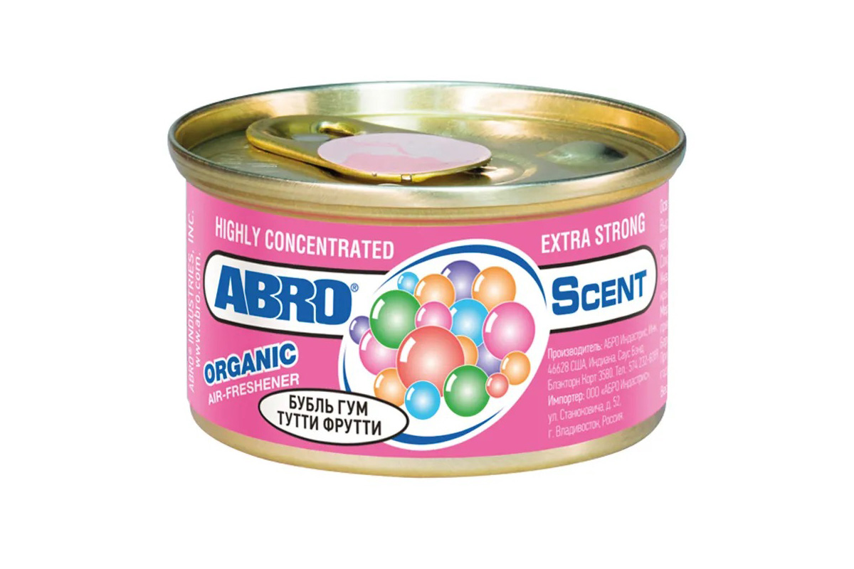Ароматизатор "ABRO" Organic консерва Бубль Гум / Тутти Фрутти (Bubble Gum / Tutti Frutti)
