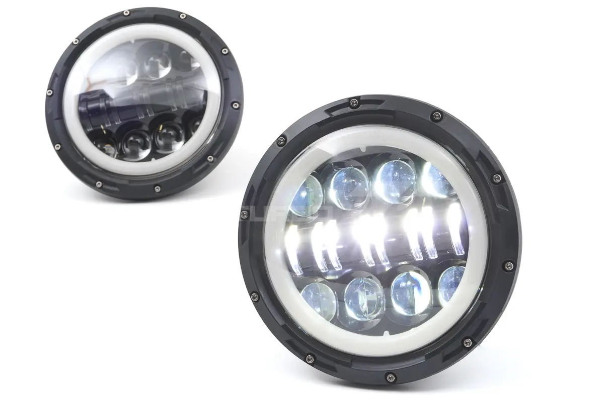 Светодиодные фары 96W, чёрные, с LED кольцом ДХО, повторитель для ВАЗ 2101, 2102, Лада Нива 4х4, Нива 4х4 Урбан, УАЗ 3303, 469, Хантер, Jeep Wrangler