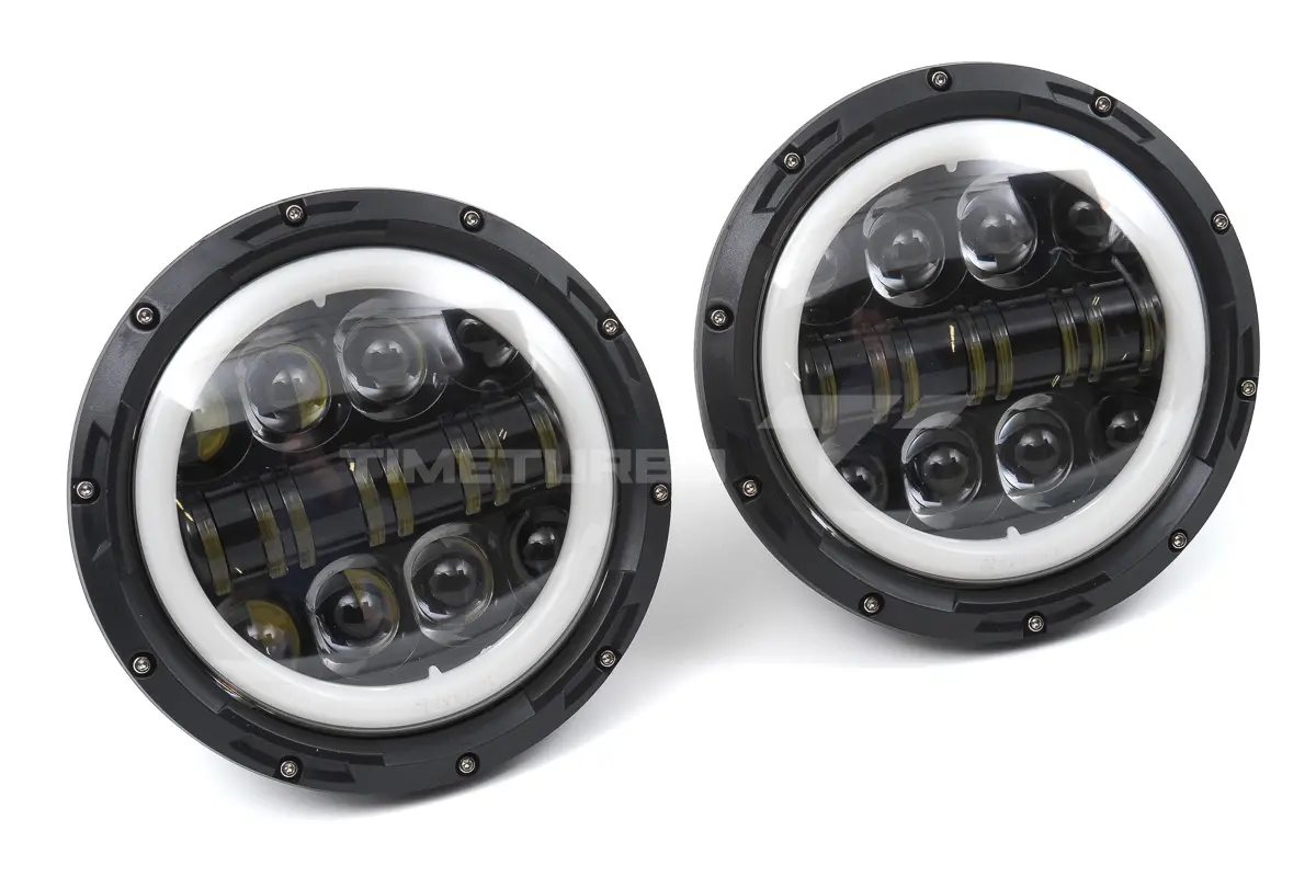 Светодиодные фары 96W, чёрные, с LED кольцом ДХО, повторитель для ВАЗ 2101, 2102, Лада Нива 4х4, Нива 4х4 Урбан, УАЗ 3303, 469, Хантер, Jeep Wrangler