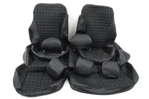 Распродажа Обивка не чехлы на сиденья экокожа с тканью, Квадрат тёмно-серая нить, двойная строчка, сплошной ряд, 3 задних подголовника, г-образная форма для Лада Калина Распродажа Обивка не чехлы на сиденья экокожа с тканью, Квадрат тёмно-серая нить, двойная строчка, сплошной ряд, 3 задних подголовника, г-образная форма для Лада Калина