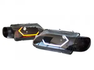 Фары LED ДХО острые галочки в стиле AUDI черные для ВАЗ 2113-2115 повторитель Тонированный