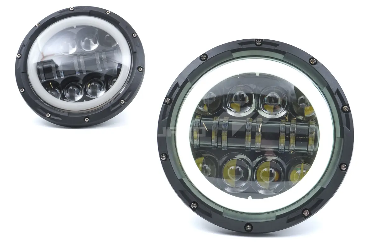 Светодиодные фары 96W, чёрные, с LED кольцом ДХО, повторитель для ВАЗ 2101, 2102, Лада Нива 4х4, Нива 4х4 Урбан, УАЗ 3303, 469, Хантер, Jeep Wrangler