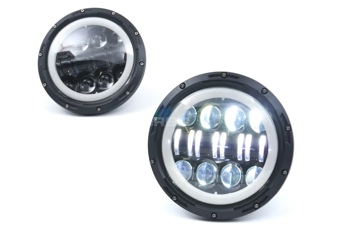 Светодиодные фары 96W, чёрные, с LED кольцом ДХО, повторитель для ВАЗ 2101, 2102, Лада Нива 4х4, Нива 4х4 Урбан, УАЗ 3303, 469, Хантер, Jeep Wrangler