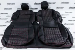 Обивка не чехлы на сиденья экокожа с перфорацией, Квадрат чёрная нить, одинарная строчка, сплошной ряд, без задних подголовников для Лада Гранта Обивка не чехлы на сиденья экокожа с перфорацией, Квадрат чёрная нить, одинарная строчка, сплошной ряд, без задних подголовников для Лада Гранта