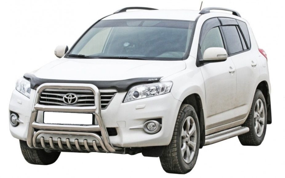 Защита порогов "Техно Сфера" с алюминиевым листом (d 63.5 мм, нержавейка) для Toyota RAV IV (2006-2012 года выпуска)