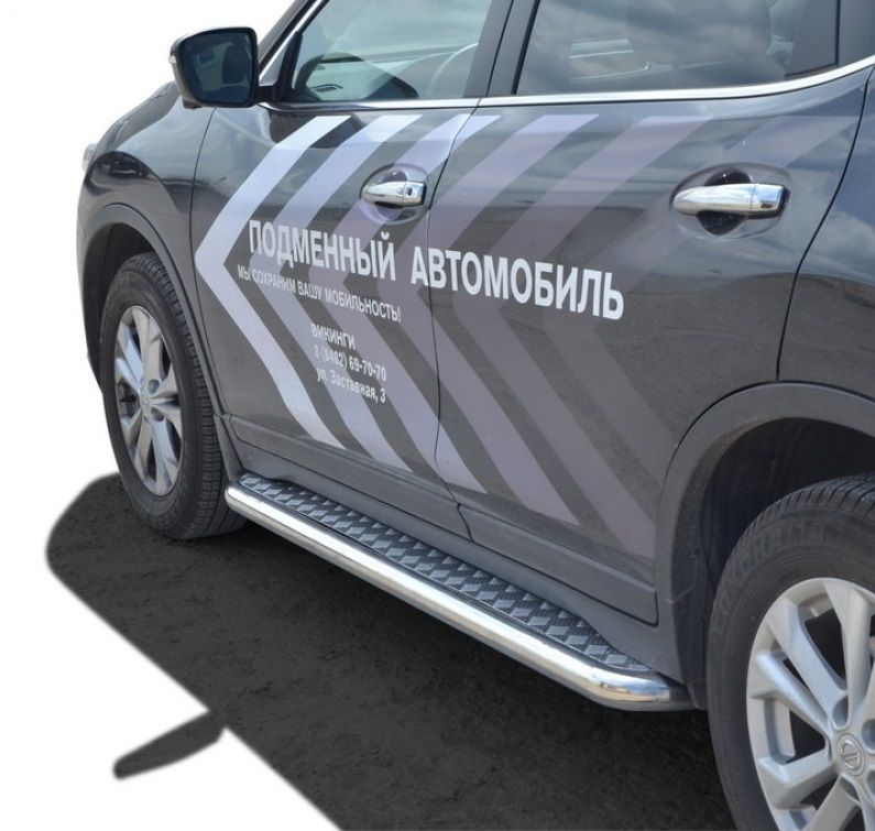 Защита порогов "Техно Сфера" с алюминиевыми накладками (d 63.5 мм, нержавейка) для Nissan X-Trail (с 2013 года выпуска)