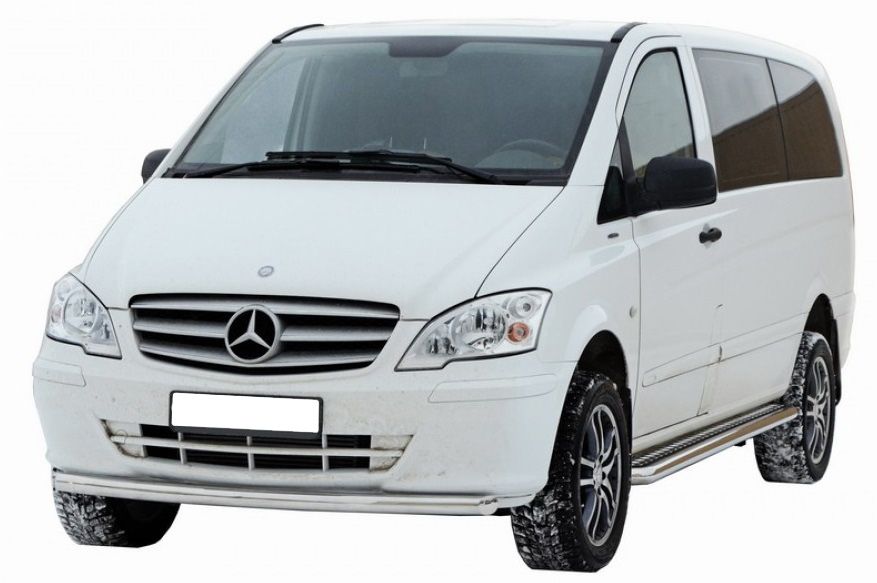 Защита порогов "Техно Сфера" с алюминиевым листом (d 63.5 мм, нержавейка) для Mercedes-Benz Viano с 2011 г. (Vito с 2010 г.) кол.база 3200