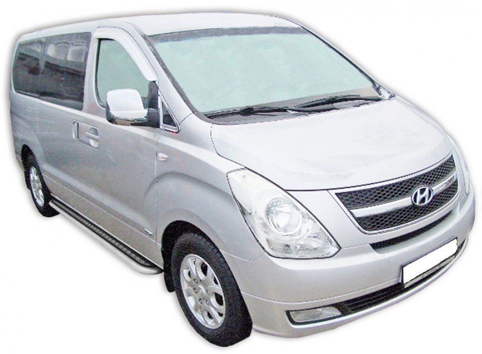 Защита порогов "Техно Сфера" с алюминиевым листом (d 63.5 мм, нержавейка) для Hyundai Grand Starex (с 2007 года выпуска)