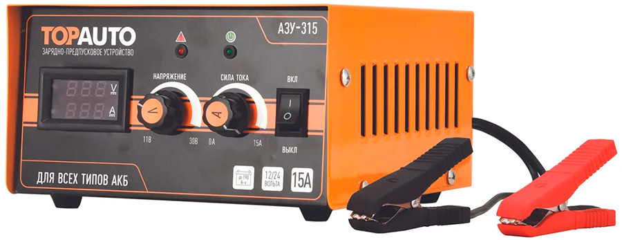 Зарядно-предпусковое устройство "TOPAUTO" для 12/24 В АКБ, 15 А (цифровой ампер/вольт-метр, с регуляторами тока и напряжения)