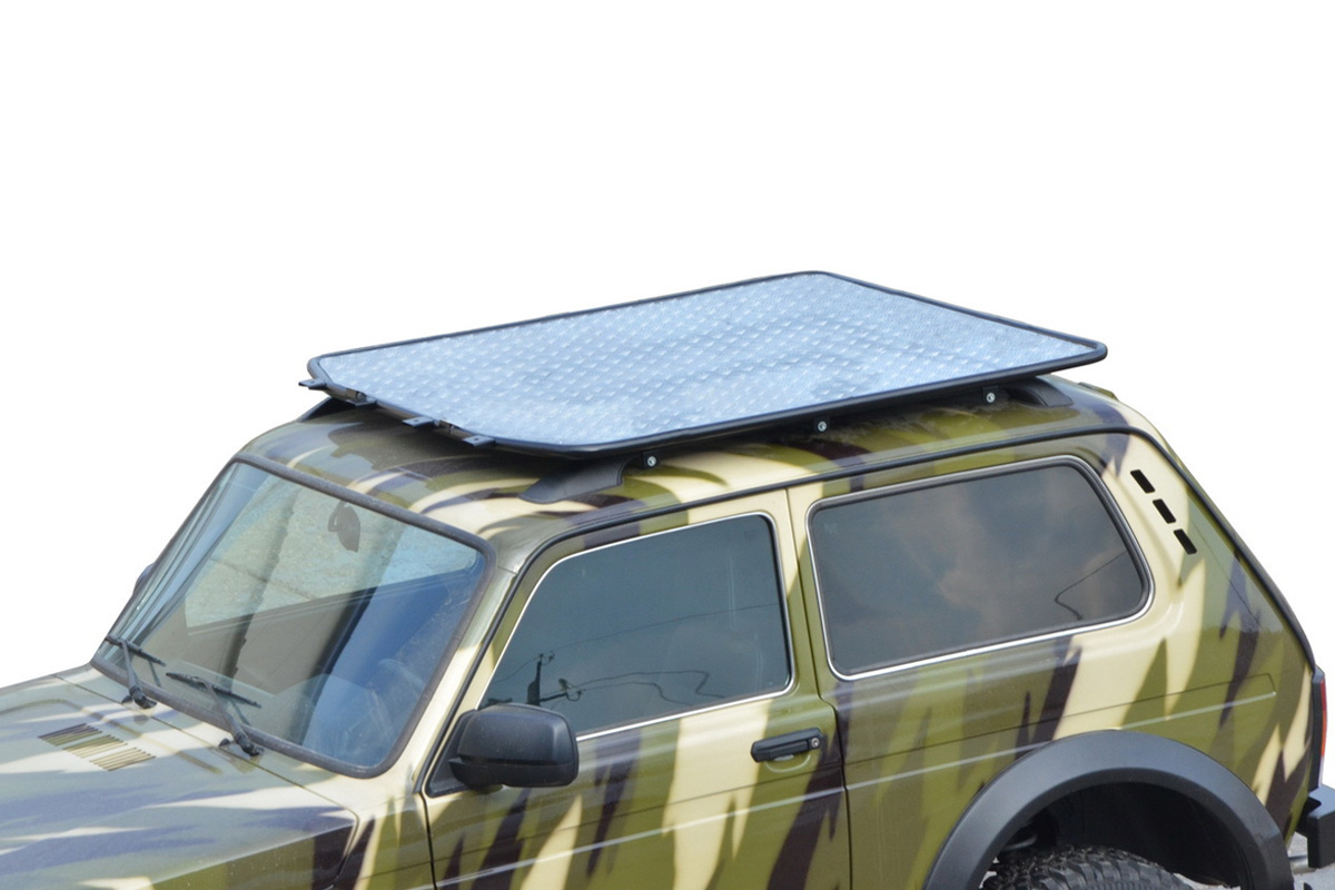 Багажник-платформа "ТехноСфера" Трофи (с алюминиевым листом, монтаж на рейлинги) для Лада Нива 4х4 Бронто (3-х дверная)